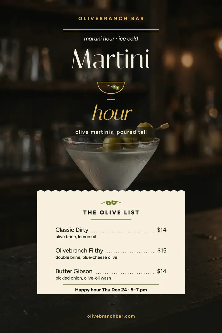 Olivebranch martini hour poster: martini bar menu poster template