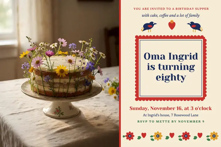 Oma Ingrid 80th birthday supper invitation, folk florals template