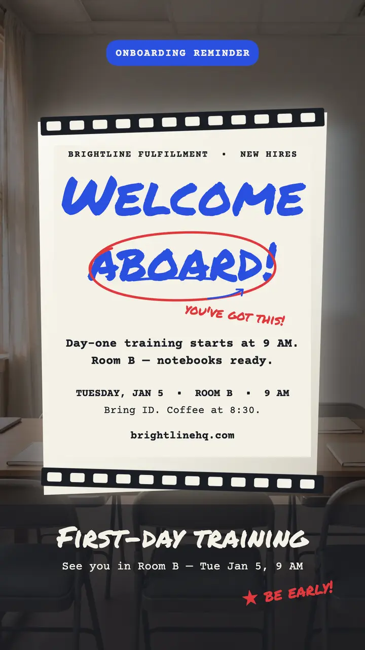 Brightline first-day training slide story: onboarding reminder story template