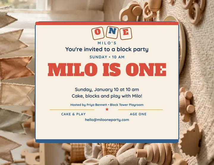 Milo is One block party flyer: first birthday flyer template