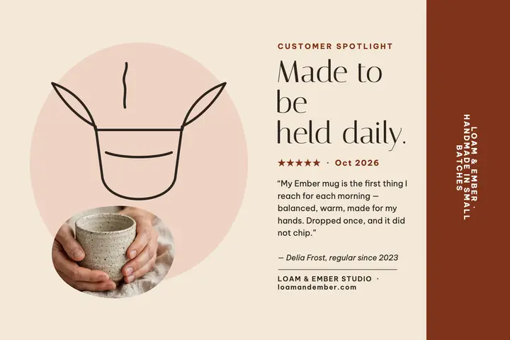 Loam and Ember customer spotlight postcard: ceramics review postcard template