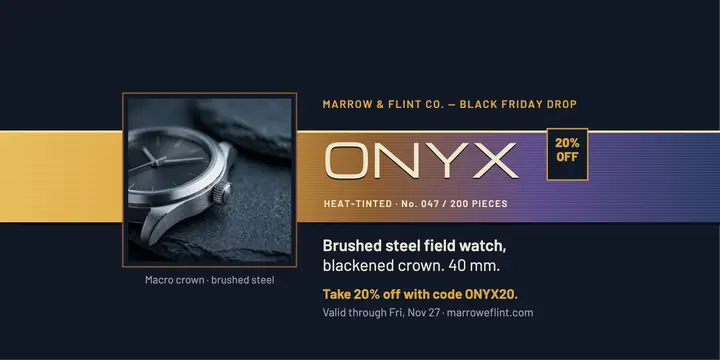 Marrow and Flint Onyx watch Friday drop: black friday watch sale post template