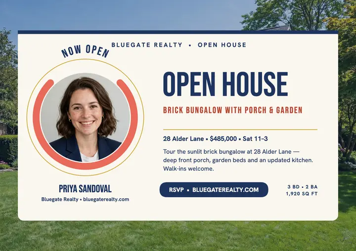 Open house badge flyer, brick bungalow: open house flyer template