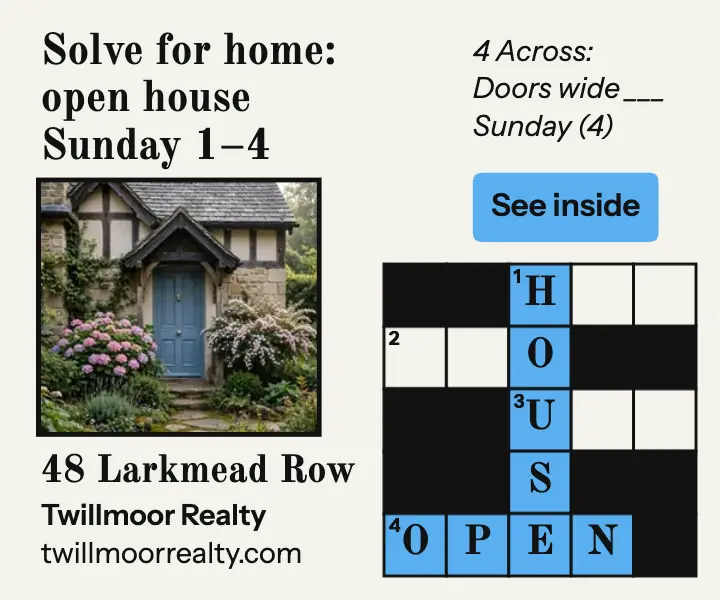 Open house crossword ad, Larkmead Row: open house ad template