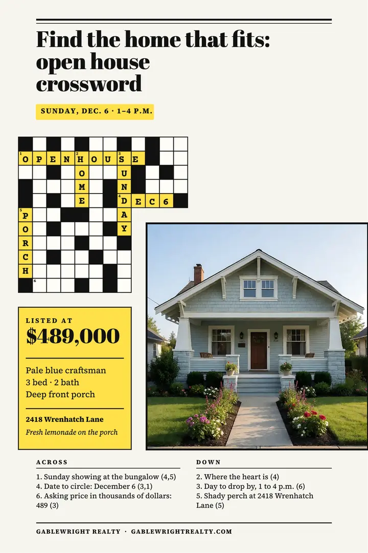 Open house crossword poster, craftsman bungalow template