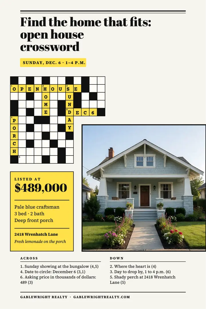 Open house crossword poster, craftsman bungalow template
