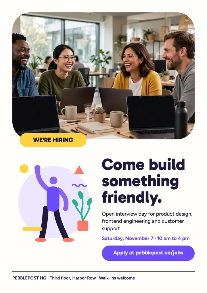 Pebblepost open interview day flyer: hiring flyer template