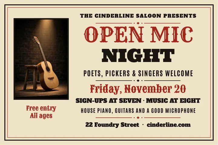 Open mic wood-type broadside postcard template
