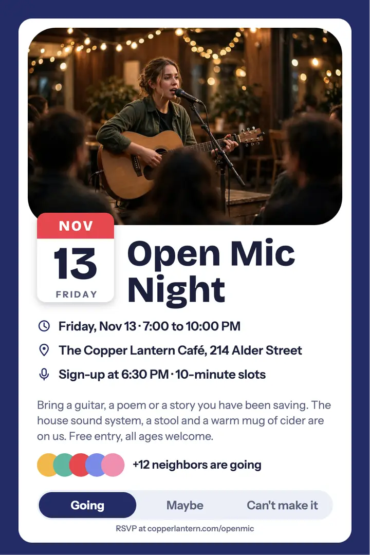 Copper Lantern open mic calendar-card poster template