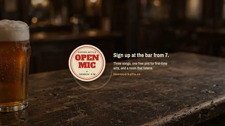 Copper Kettle open mic coaster banner: open mic night banner template