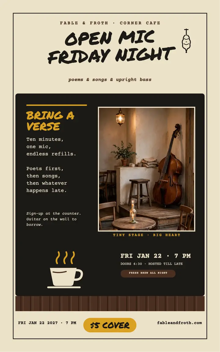 Fable and Froth open mic night cover template
