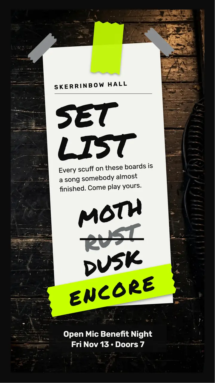 Open mic fundraiser gaffer tape setlist story template