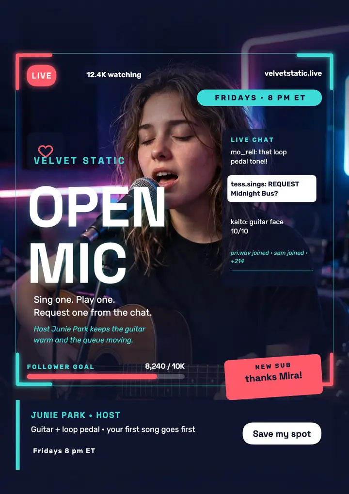 Velvet Static open mic livestream flyer template