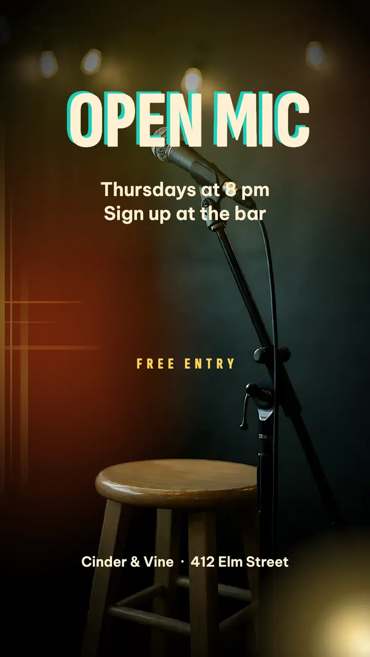 Cinder & Vine open mic: open mic night story template