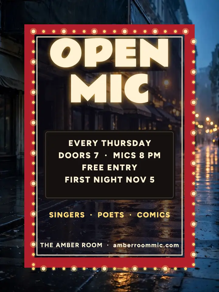 Amber Room open mic marquee portrait post: open mic night marquee post template