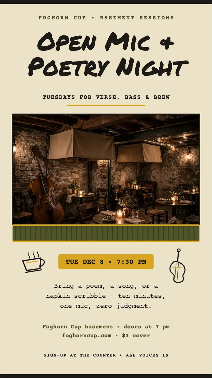 Foghorn Cup open mic poetry story template