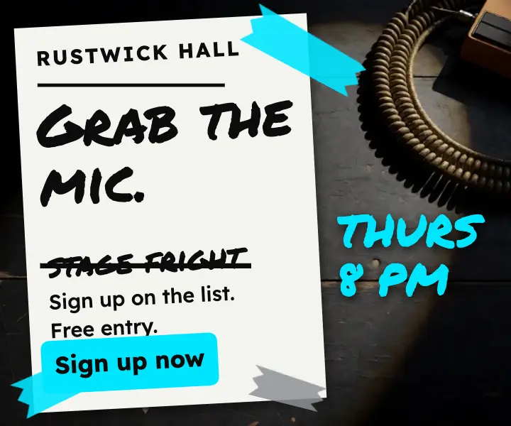 Rustwick Hall open mic setlist display ad template