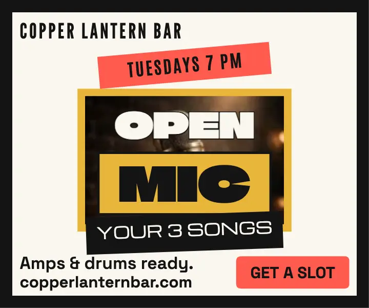 Copper Lantern open mic Tuesdays type ad: open mic night ad template
