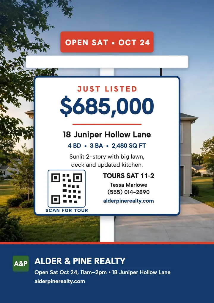 Open Sat yard sign just listed flyer template