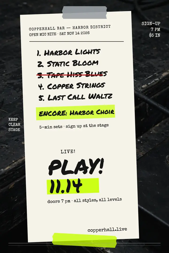 Copperhall open mic setlist tape poster template