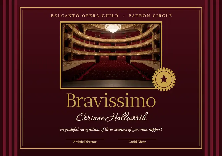 Belcanto Opera Guild patron certificate: opera patron certificate template