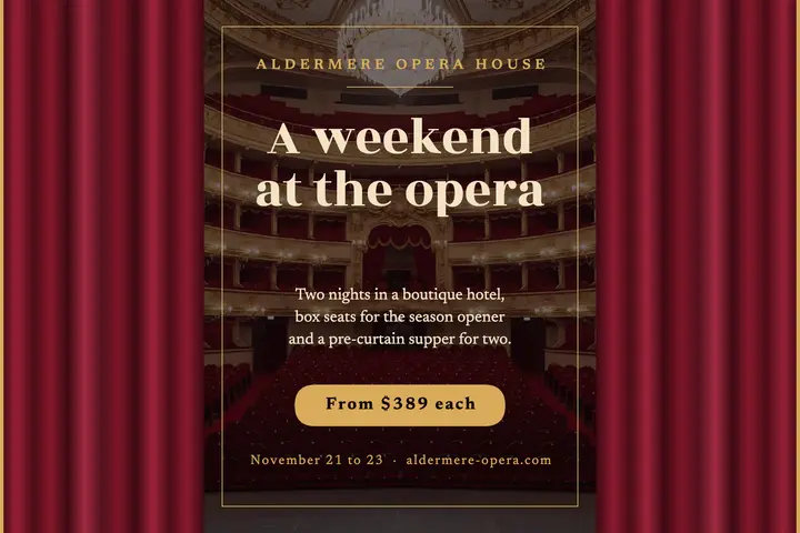 Aldermere opera weekend package postcard: opera weekend getaway postcard template
