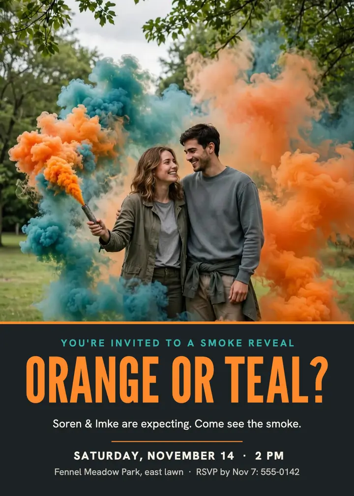 Orange or teal smoke reveal invitation template