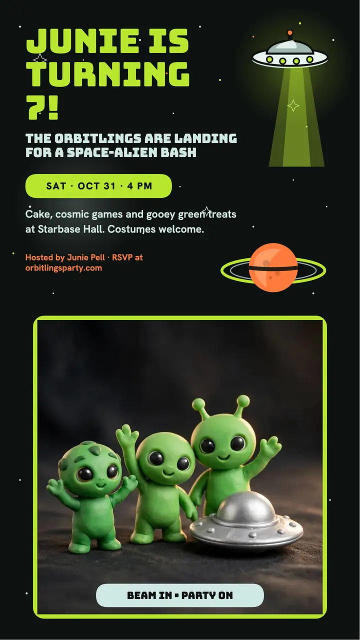 Junie Pell alien birthday party story template