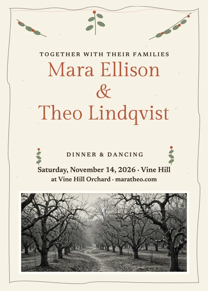 Mara and Theo orchard wedding invitation template