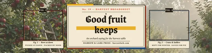 Good fruit keeps orchard broadsheet banner: orchard quote banner template