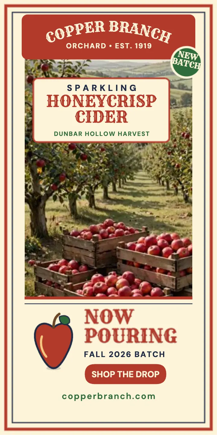 Copper Branch sparkling cider crate half-page ad template