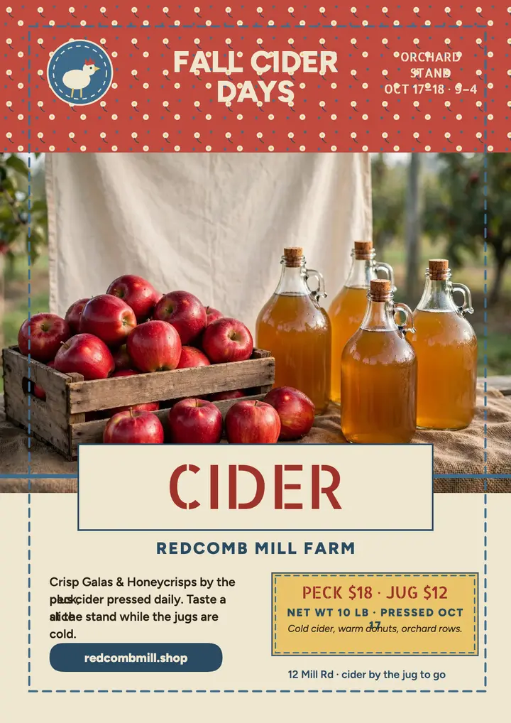 Redcomb Mill cider and apples flyer template