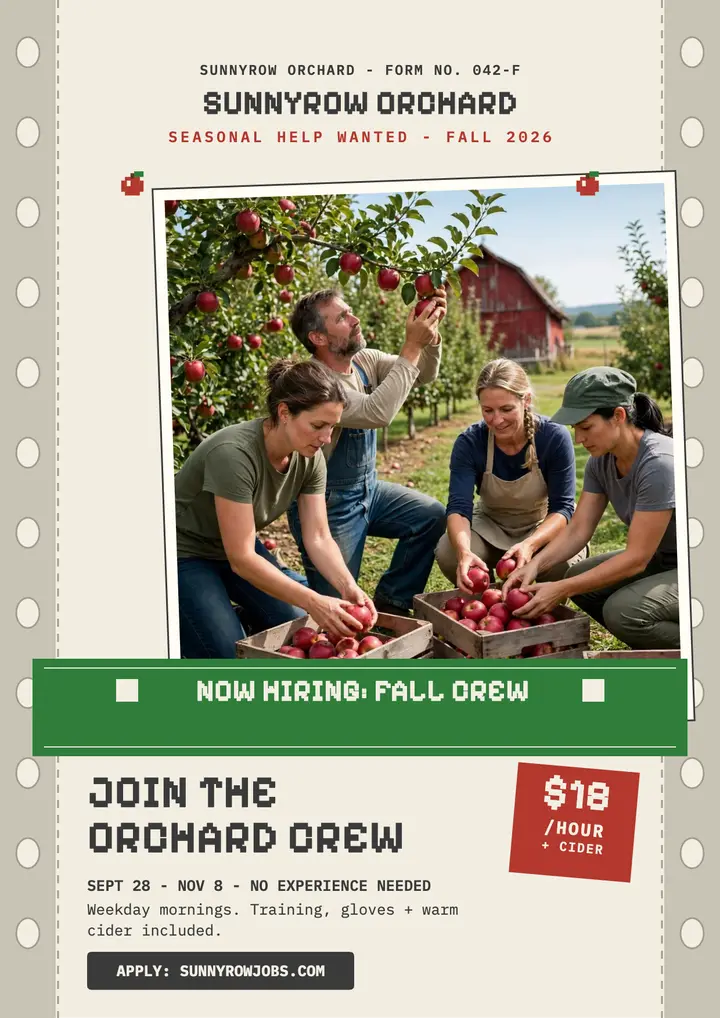 Sunnyrow Orchard fall crew hiring flyer: orchard hiring flyer template