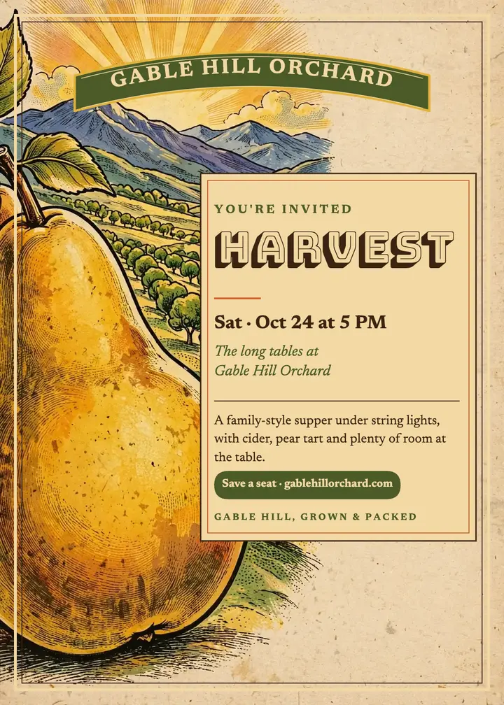 Gable Hill Orchard harvest supper fruit-crate invitation template