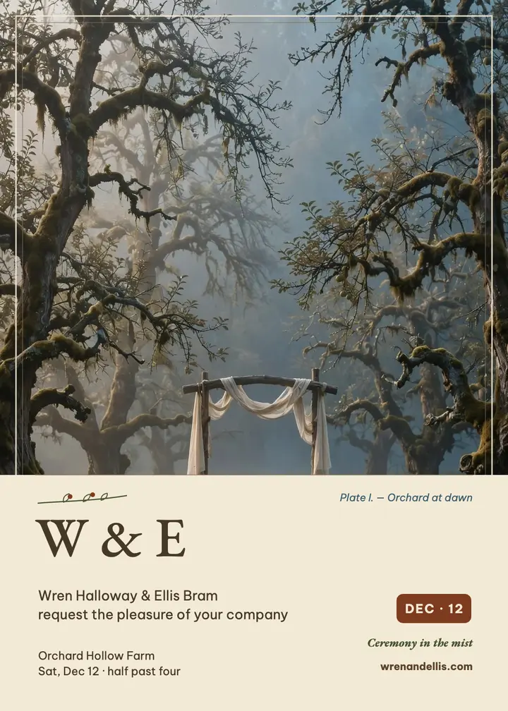 Orchard Hollow misty wedding invitation template