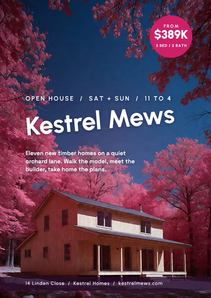 Kestrel Mews new homes open house flyer, infrared bloom template