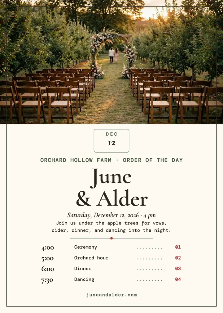 June and Alder orchard order of day template