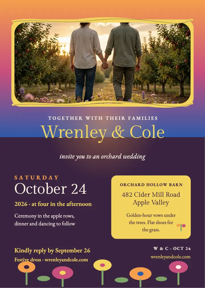 Wrenley and Cole orchard invitation: orchard wedding invitation template