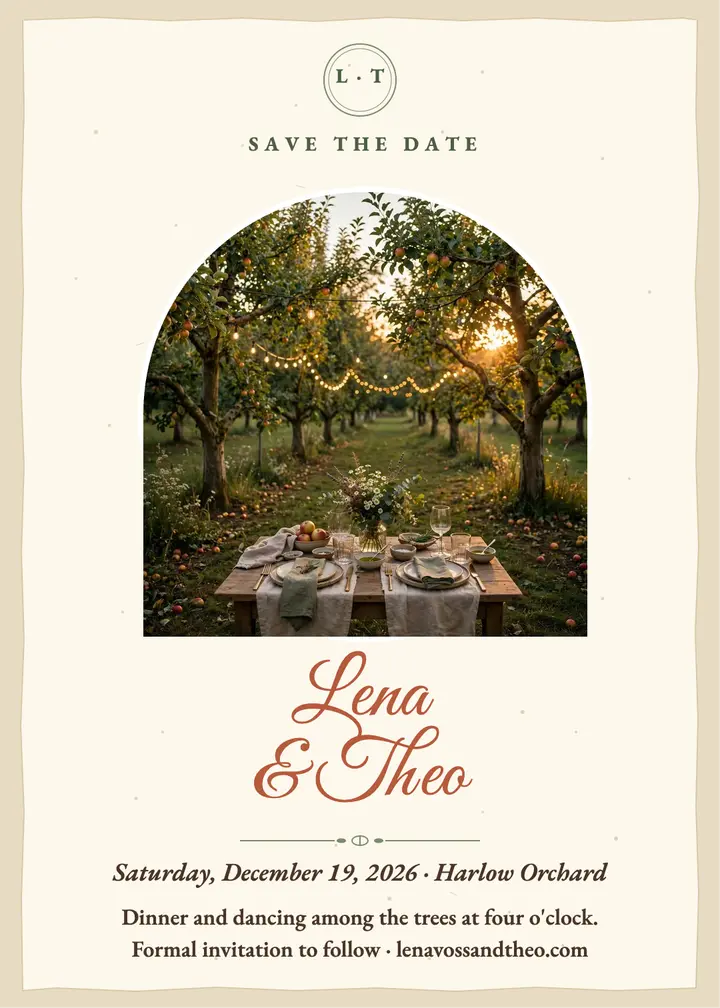 Orchard save the date, Lena Voss and Theo Crane template
