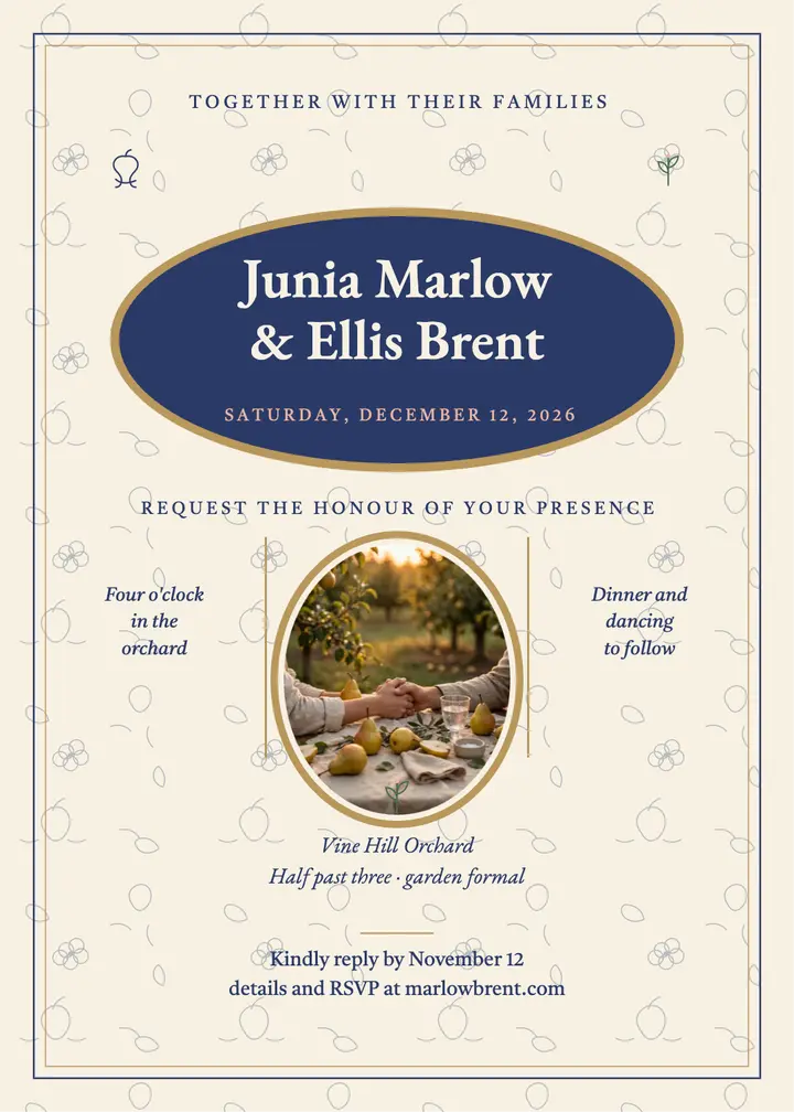 Junia and Ellis orchard toile invitation template
