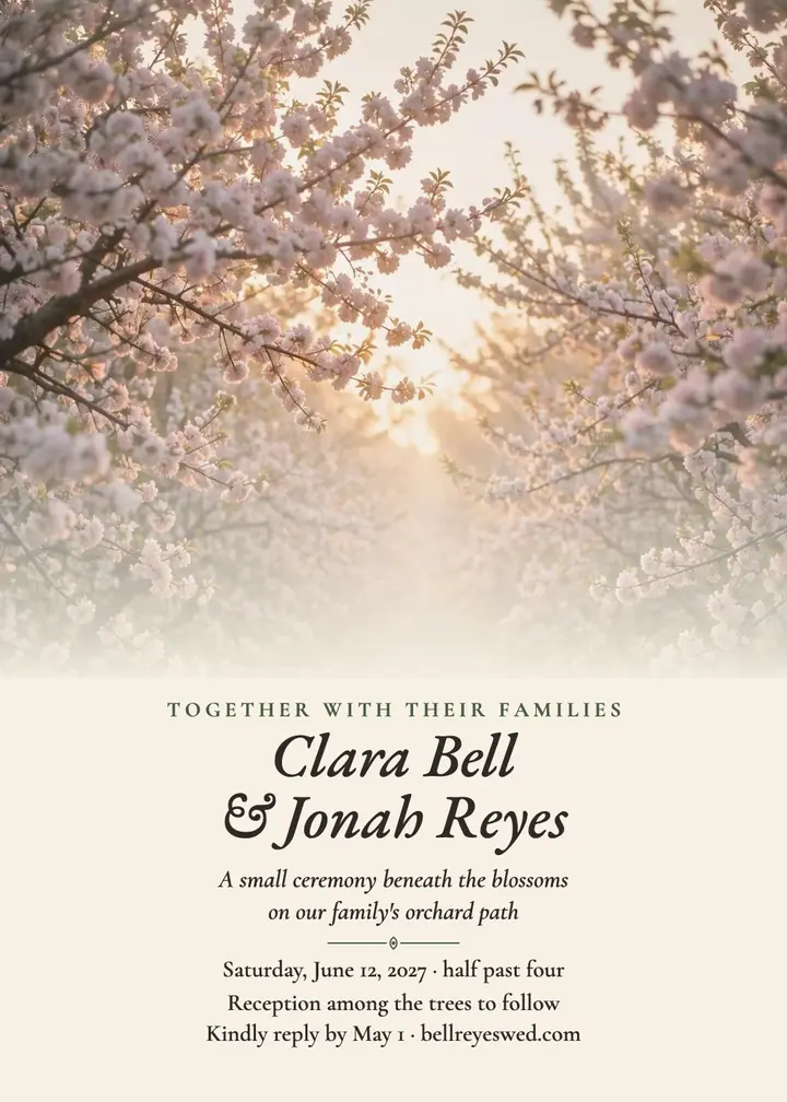 Orchard ceremony invitation, Clara and Jonah: orchard wedding invitation template