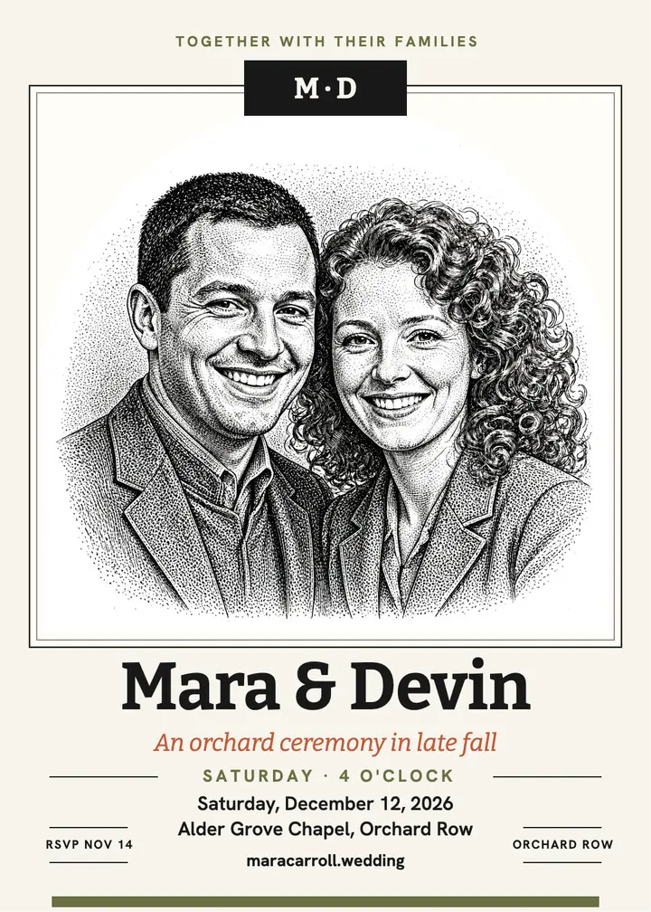 Mara and Devin orchard wedding invitation template