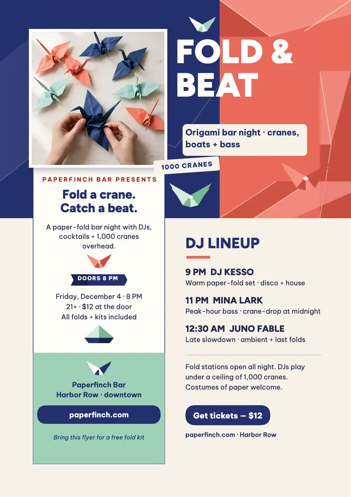 Fold and Beat origami bar night flyer template