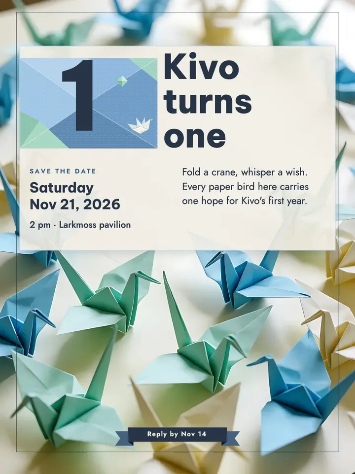 Kivo turns one paper crane first birthday invitation template