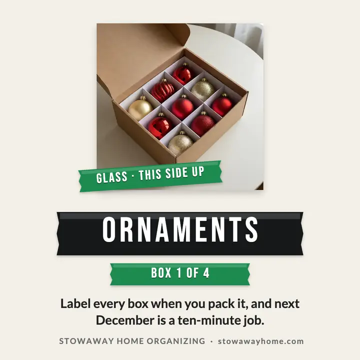 Stowaway ornament storage labels post, label-maker type template