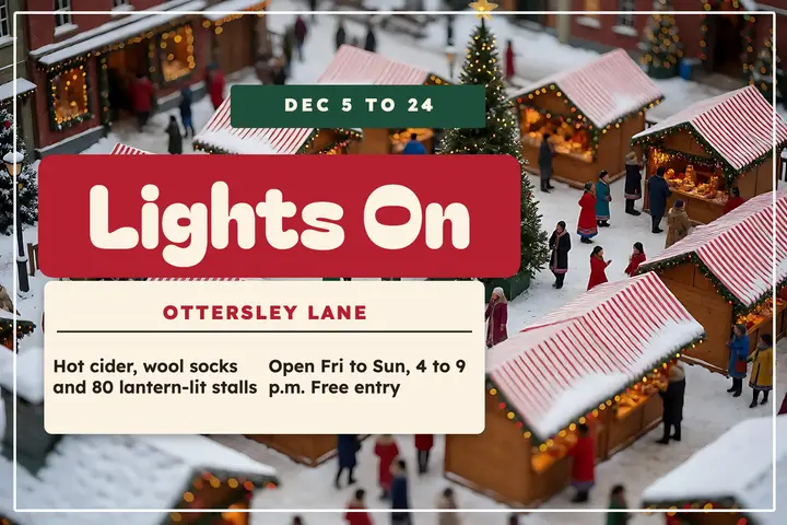 Winter market, tilt-shift postcard template