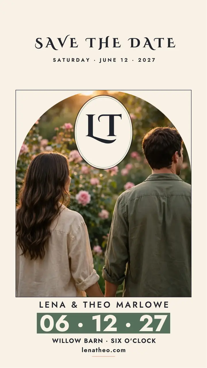 Lena and Theo oval monogram save the date: wedding save the date story template
