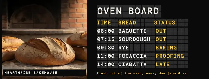 Hearthrise Bakehouse oven board cover, split-flap: bakery bread schedule cover template