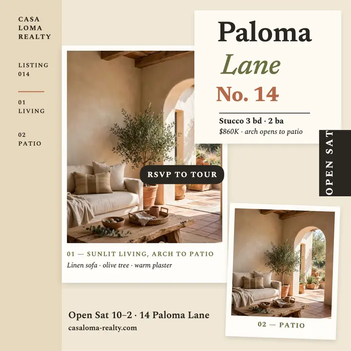 Paloma Lane stucco listing overlap post: real estate listing post template