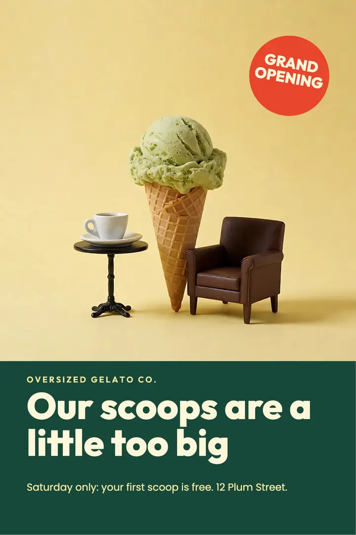 Oversized Gelato Co. grand opening poster, surreal silliness template